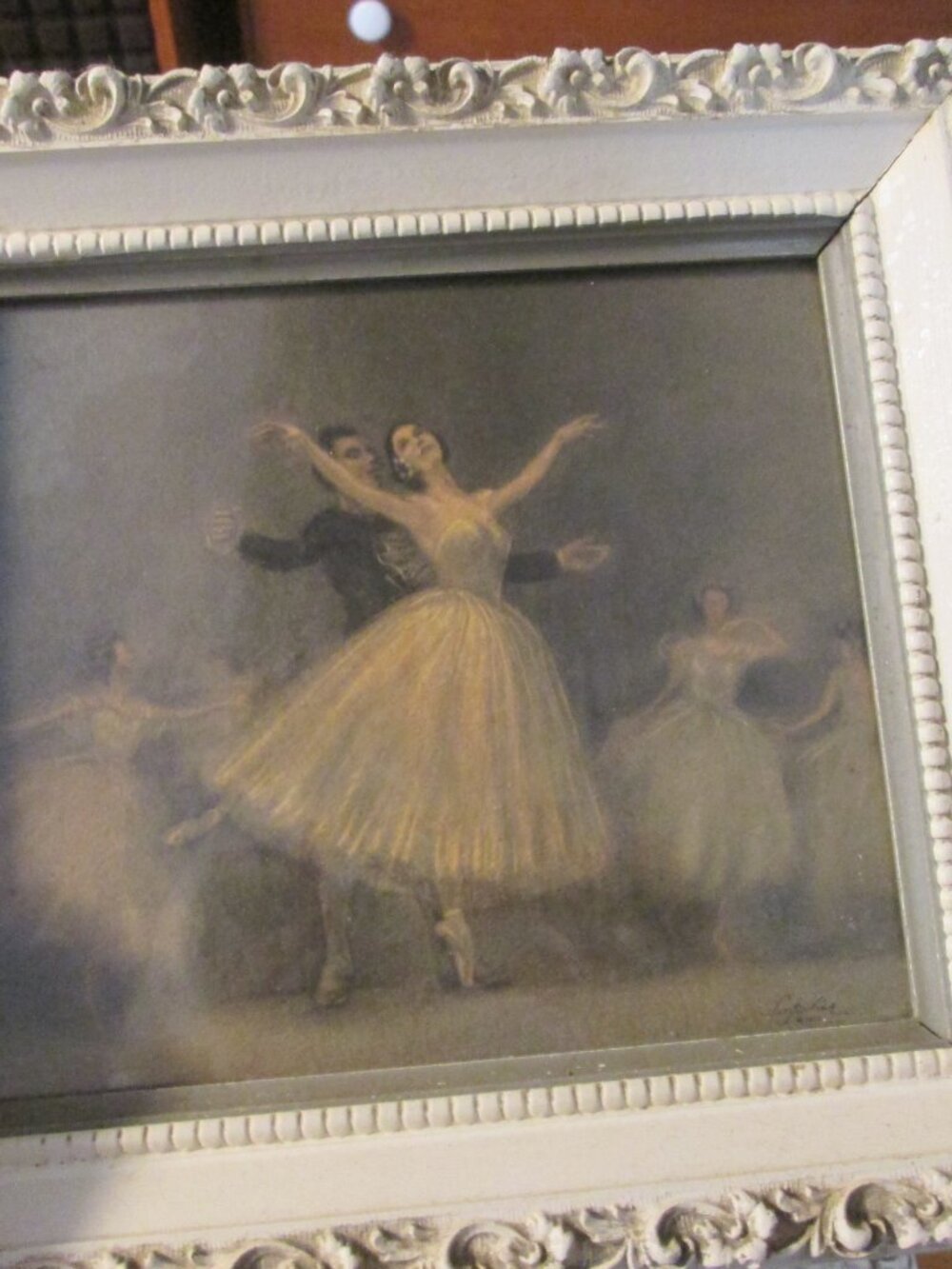 2 Vtg framed Under Glass Ballerina couple signed Sophie white gold wood frames - Picture 10 of 15